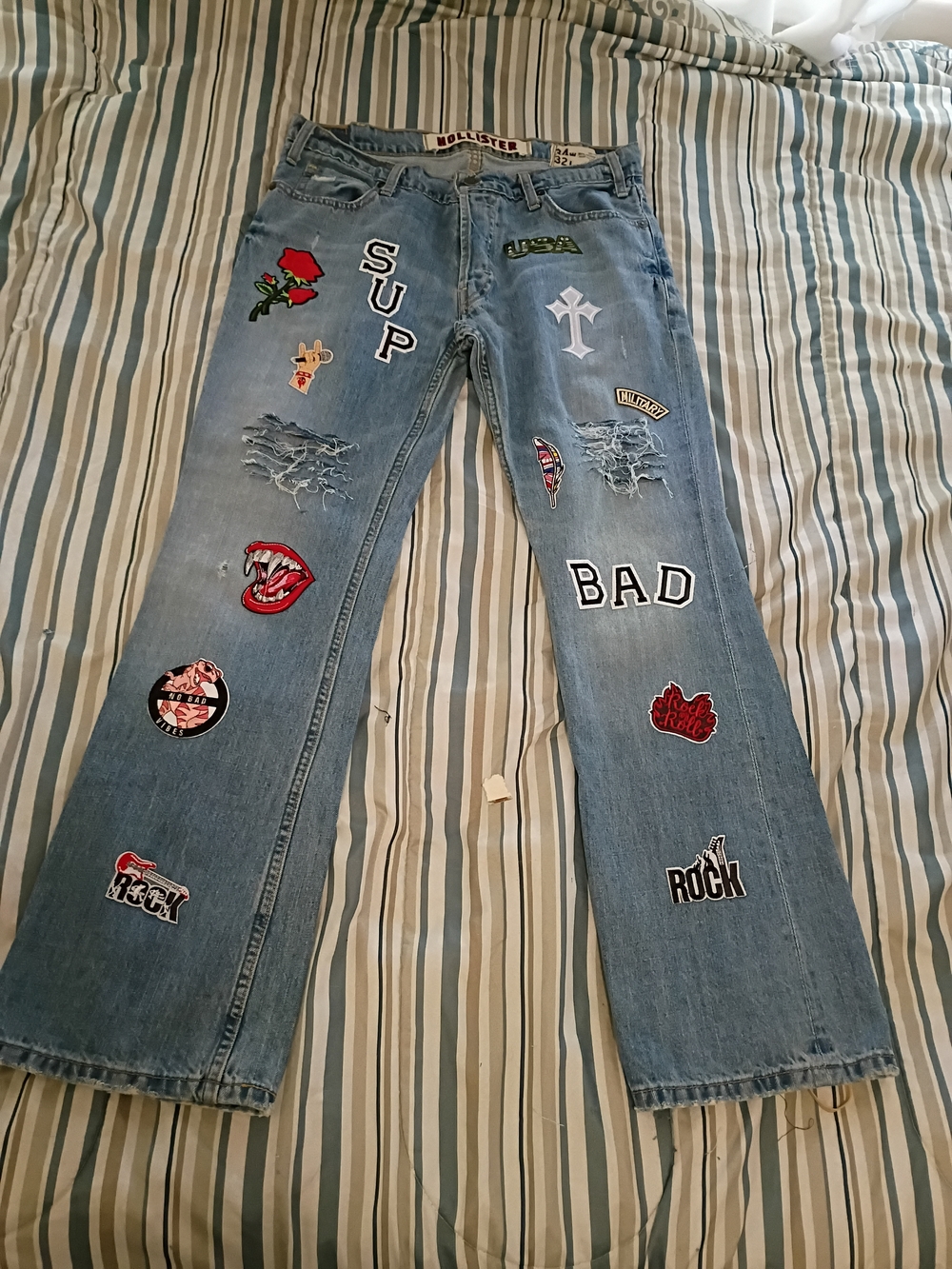 Hollister Light Blue Patchwork Distressed Bootcut Jeans